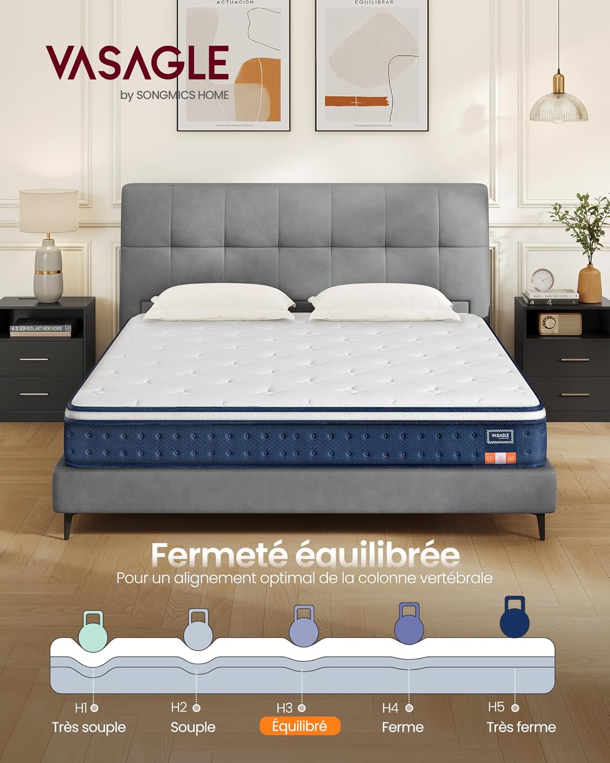 Matelas Double 160 x 200 x 20 cm, Matelas Hybride à Ressorts Ensachés, Mousse à Mémoire de Forme Gel, Soutien Mi-Ferme sur 7 Zones, Bords Renforcés, Housse Respirante, Bleu RMZ215QZ02 160l x 200L x 20H cm
