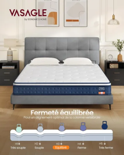 Matelas Double 160 x 200 x 20 cm, Matelas Hybride à Ressorts Ensachés, Mousse à Mémoire de Forme Gel, Soutien Mi-Ferme sur 7 Zones, Bords Renforcés, Housse Respirante, Bleu RMZ215QZ02 160l x 200L x 20H cm