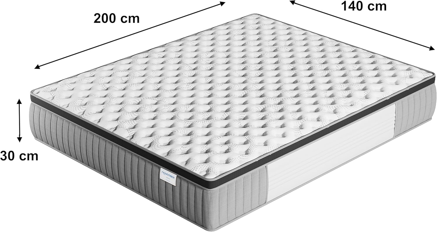 Matelas Elekctra 140x200cm- Épaisseur 30cm- Hybride: Ressorts ensachés+Mousse Mémoire de Forme - Soutien Tonique & indépendance de Couchage-Label SANITIZED(Anti bactérien/acarien) 140 x 200 cm