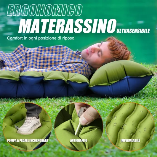 Matelas de Camping Matelas autogonflant ultraléger avec Oreiller et Pompe à Pied intégrée Matelas de Camping Gonflable Portable et Compact pour Le Trekking en Plein Air Vert