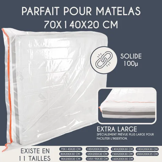 Housse Matelas Demenagement avec Zip Pratique - 11 Tailles Dispo - Housse Plastique Rangement Matelas - Housse Matelas 70x140 cm (Épaisseur 20 cm) en Plastique 70x140 cm - Lote de 1