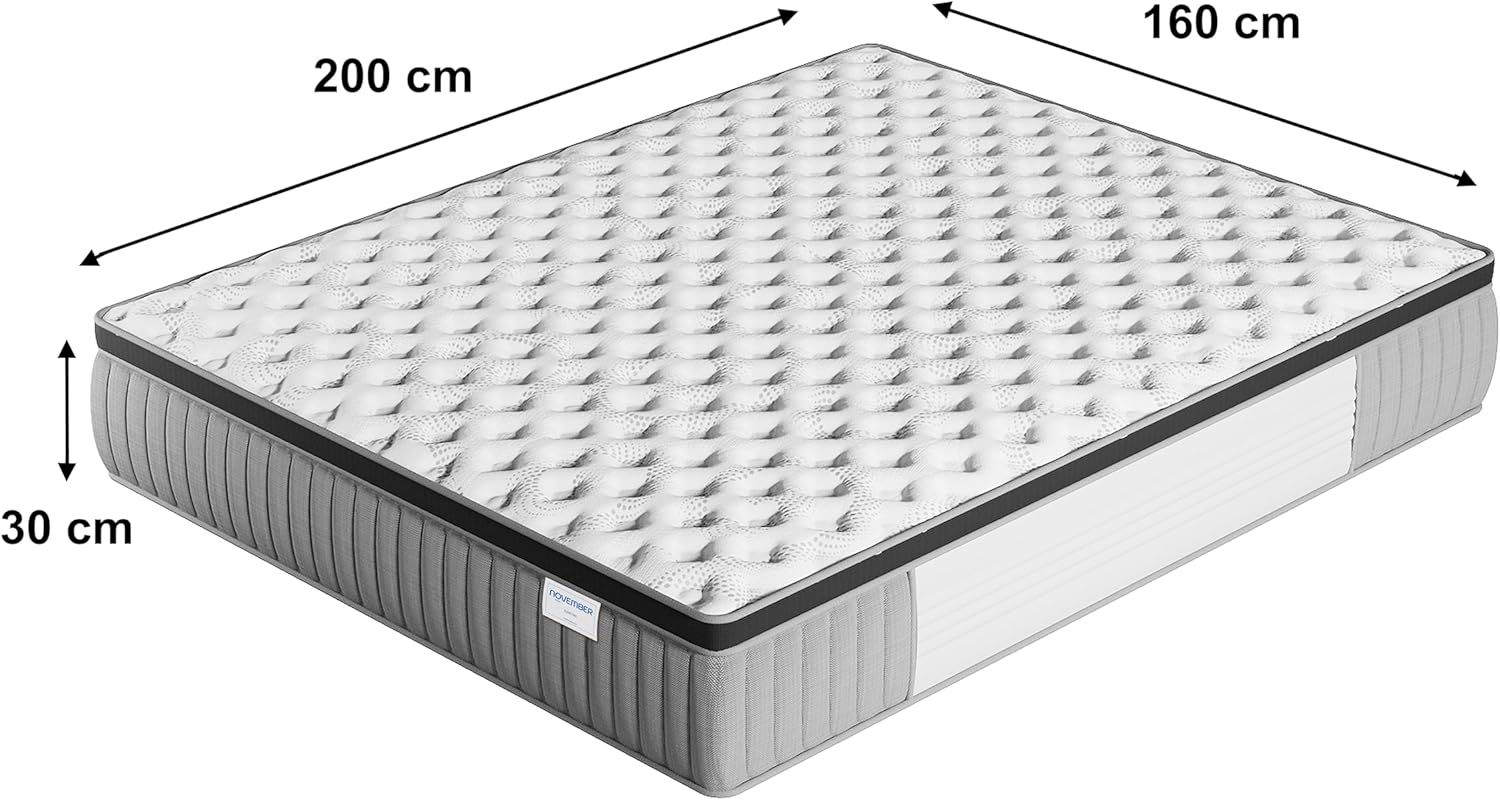 Matelas Elekctra 160x200cm- Épaisseur 30cm- Hybride: Ressorts ensachés+Mousse Mémoire de Forme - Soutien Tonique & indépendance de Couchage-Label SANITIZED(Anti bactérien/acarien) 160 x 200 cm