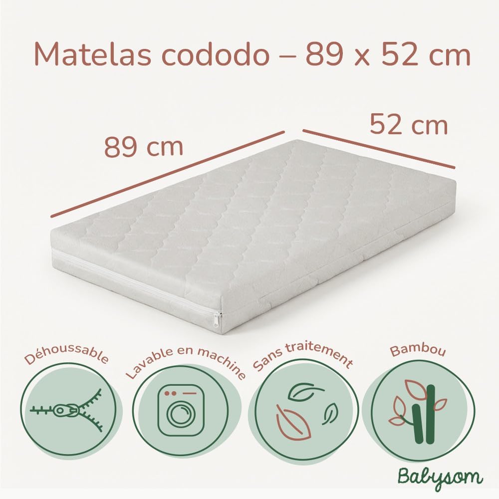 Matelas Cododo Bébé 52x89 cm - Housse en Viscose de Bamboo - Spécial Lits Cododo - sans Traitement Chimique - Déhoussable et Lavable - Certifié Oekotex - Assemblé en France Blanc 52x89 cm
