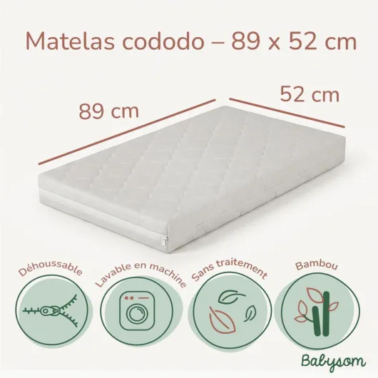 Matelas Cododo Bébé 52x89 cm - Housse en Viscose de Bamboo - Spécial Lits Cododo - sans Traitement Chimique - Déhoussable et Lavable - Certifié Oekotex - Assemblé en France Blanc 52x89 cm