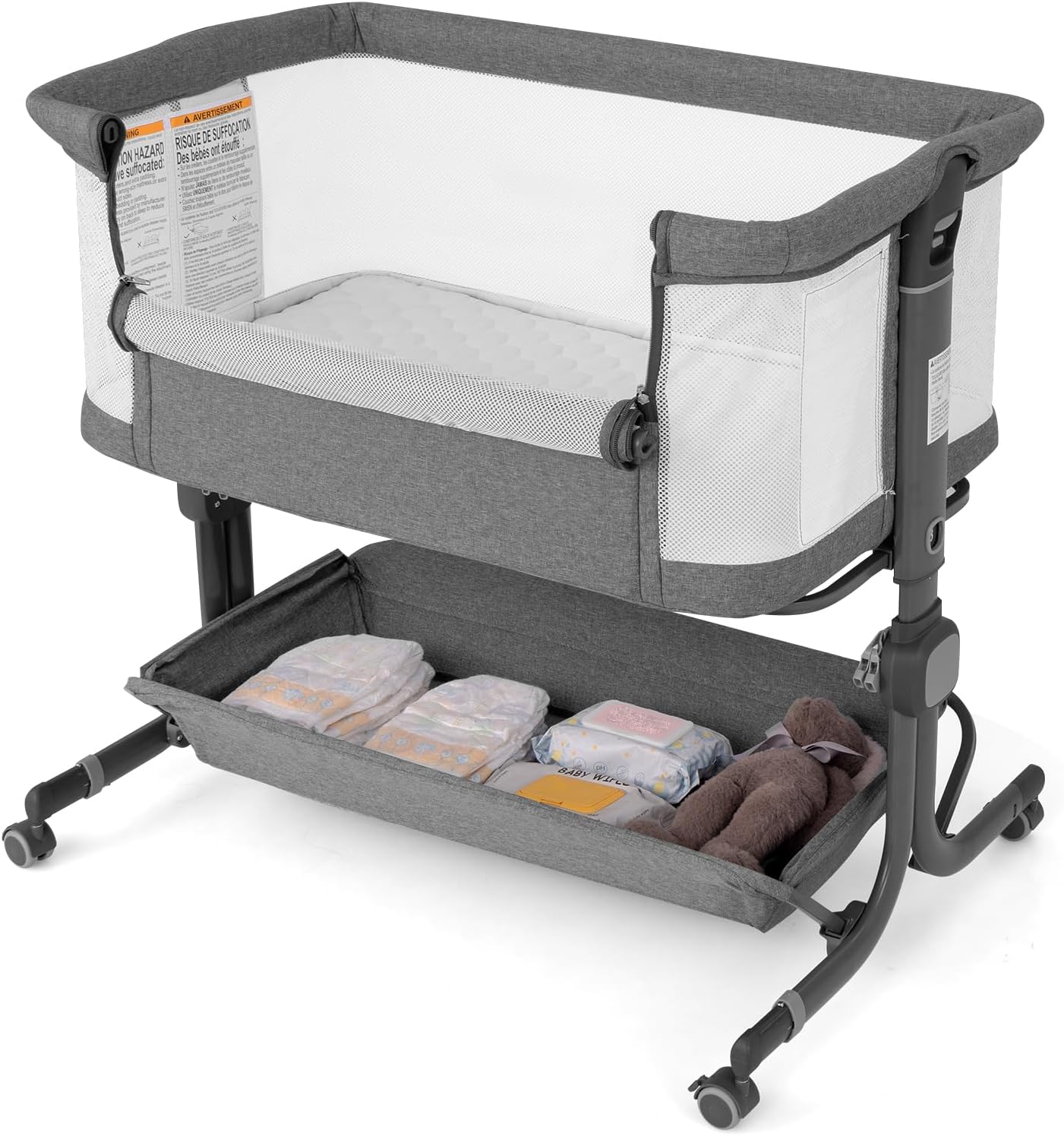 Lit Bébé Cododo avec Matelas,Berceau Inclinable Bébé 0-6Mois avec 6 Hauteurs&4 Roues Verrouillables&Sac de Transport,Lit d'enfant Inclinable Nourrissons (Gris,87x63x85cm) 87x63x85CM Gris