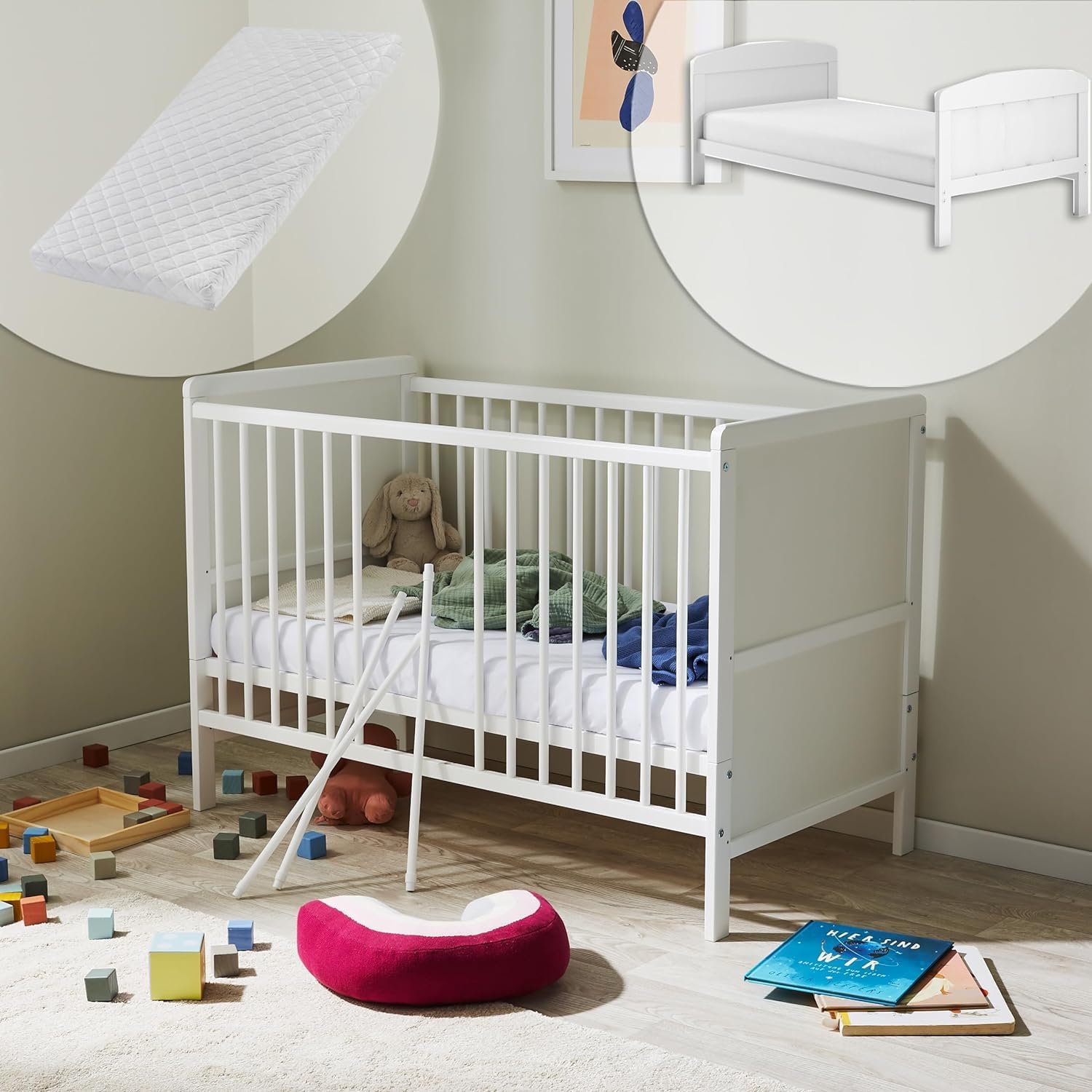 Lit bébé évolutif avec matelas, lit d'appoint, 60 x 120 cm, protection anti-chute, lit complet, réglable en hauteur et barreaux amovibles, en bois, blanc 60 x 120 cm + Matelas Blanc