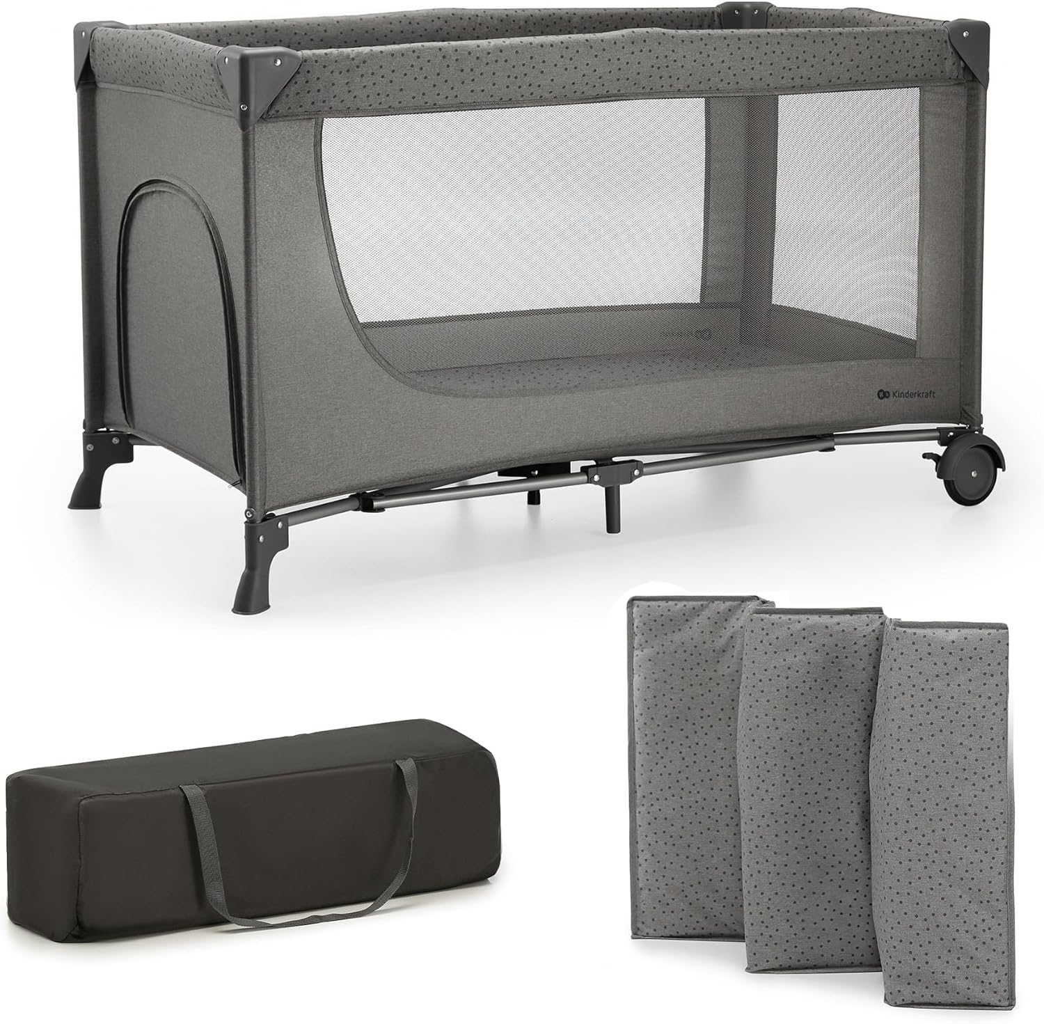 Kinderkraft Joy 2 Lit Parapluie 2 en 1, Lit bébé de la Naissance Jusqu’à 25 kg, 120 x 60 cm, Facile à Plier, Étagères pour Les Couches, Gris