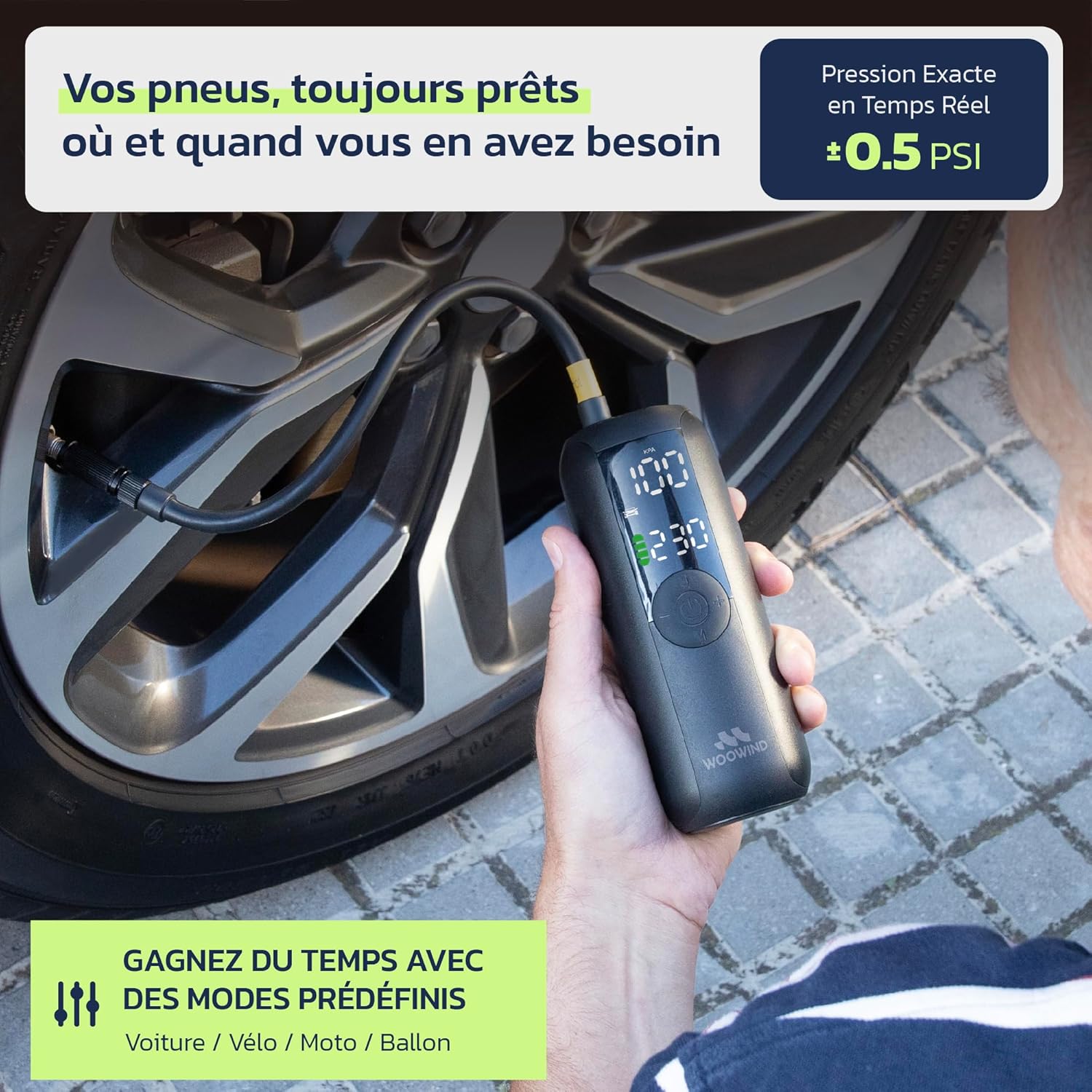 Gonfleur Pneus Voiture, Pompe A Velo, Gonflage en 1 Minute, 150PSI/10,3BAR Compresseur à Air Portatif pour Voitures, Vélos, Motos et Ballons avec Arrêt Automatique, Ecran LCD et Lampe LED