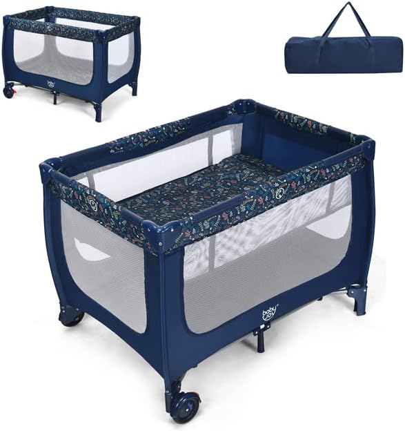 2 en 1 Lit Parapluie Pliant Bébé 0-36 Mois avec Matelas Respirant, Lit de Voyage en Tissu Oxford avec Sac de Transport, Roues avec Frein, Parc d'Activité jusqu'à 15 kg, 125 x 65 x 76 cm (Bleu)