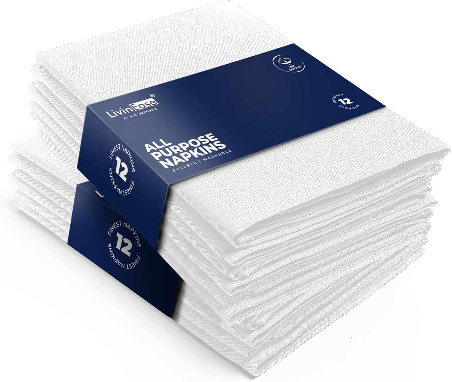 Serviettes en Tissu en Coton - Lot de 12 Serviettes de Table Blanc - 100% Coton 46 x 46 cm Serviettes en Tissu surdimensionnées réutilisables idéales pour Le dîner de Noël (Blanc)