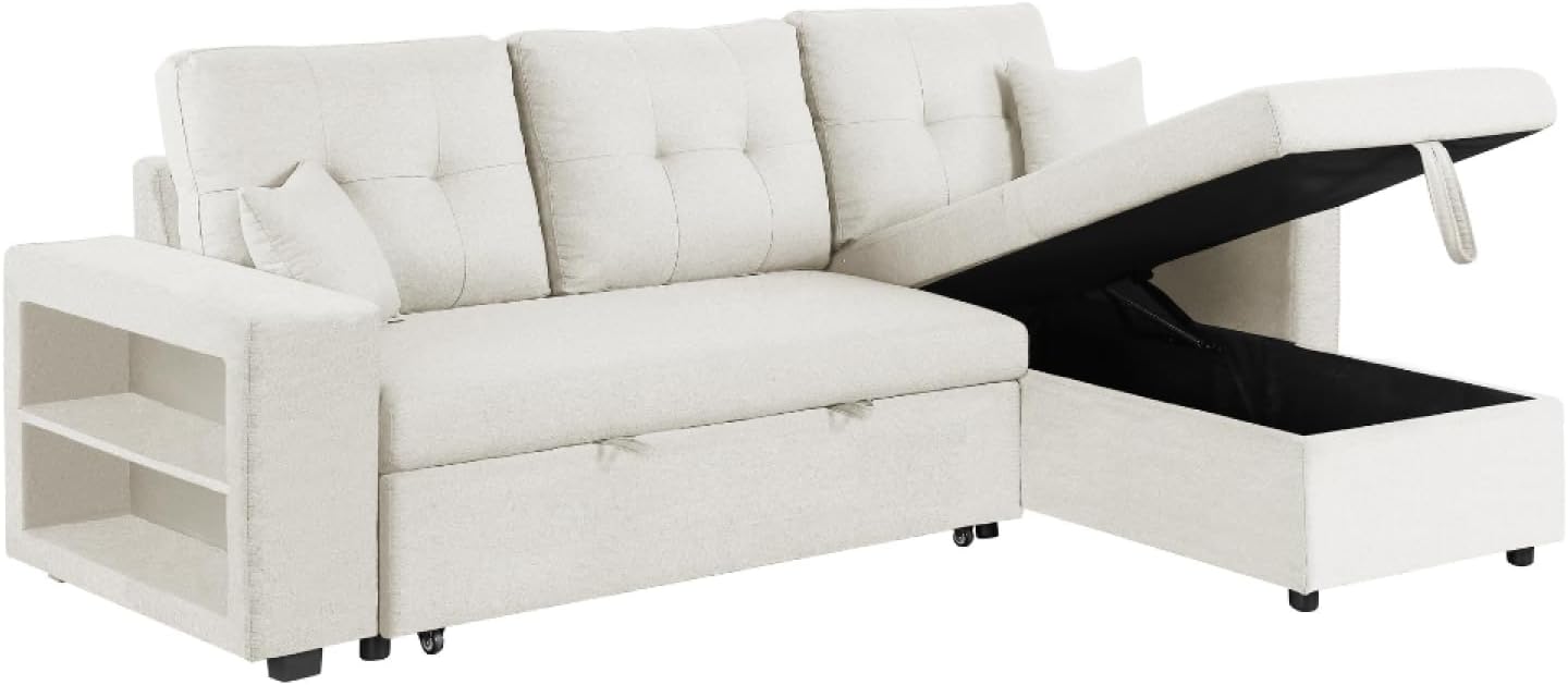 CONCEPT USINE - Canapé d'angle Convertible 4 Places avec Rangements Intégrés- Glasgow Beige - Confortable et Modulable - Très Pratique - Design Contemporain - Lit 2 Places : Couchage 196X113 cm