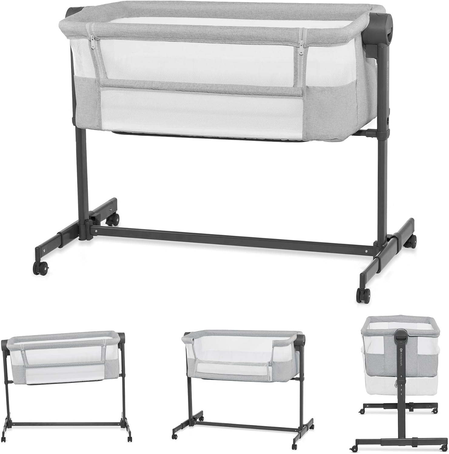 KINDERKRAFT Neste UP 2 Lit bébé cododo, Lit Bebe avec Matelas de la Naissance, Réglage de la Hauteur, Facile Adapter au lit du Parent, Pieds réglables, Gris Clair NESTE UP 2 Gris