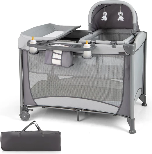5 en 1 Lit Parapluie Bébé avec Matelas & Table à Langer, Lit Bébé Evolutif avec Berceau Amovible & 2 Jouets, 2 Roues avec Frein, Sac de Transport, 110x78cm, Charge 10kg pour 0-3 Ans Gris
