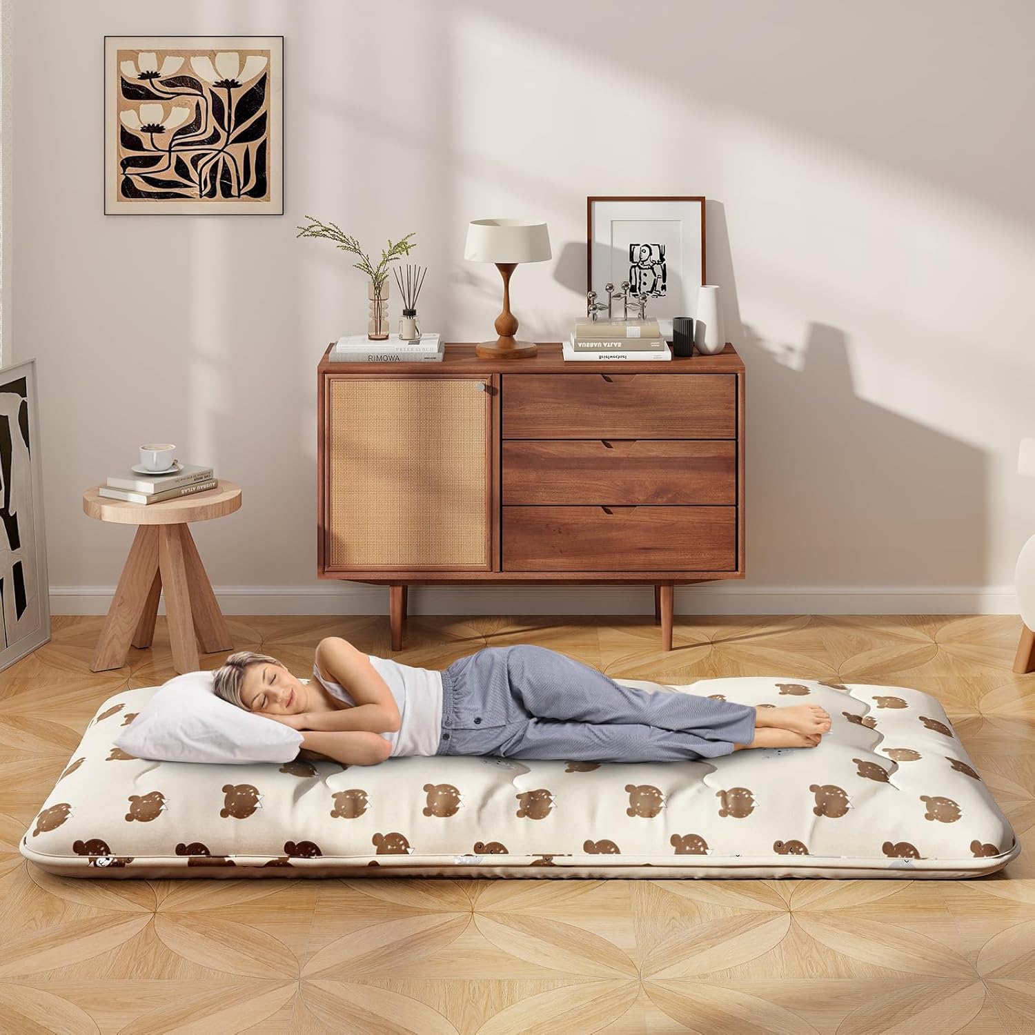 Matelas Futon Portable Pliable, Matelas Futon Japonais 90 x 200 cm, Housse Lavable, Matelas de Sol avec Sac de Transport, pour Le Camping, Les Voyages, d'Invités, Beige - Petit Ours L - 90 x 200 cm Beige - Petit Ours