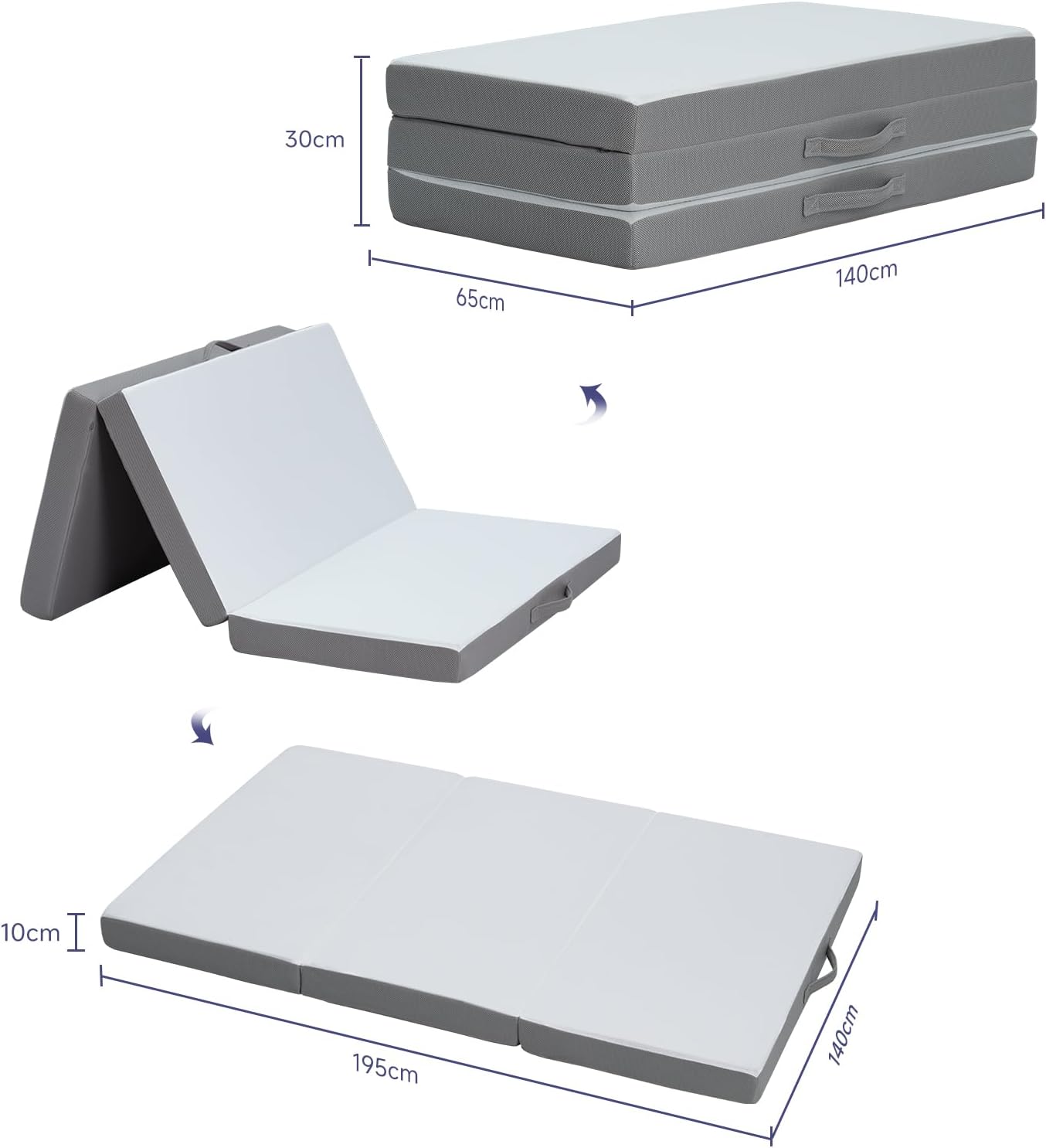 Z-hom Matelas Pliable 140 x 195 x 10 cm, Housse Souple Oeko-TEX, lit d'appoint Matelas, Matelas de Sol, Éponge Haute densité, dureté H3, Blanc+Gris Gris + Blanc 140 x 195 x 10 cm