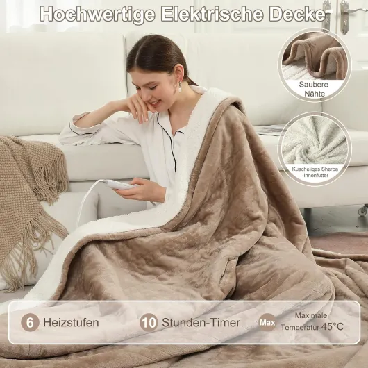 Couverture Chauffante Électrique 130×180 cm en Flanelle — 6 Réglages de Température, Minuterie 10 Heures, Protection Surchauffe, Lavable en Machine, Convient pour Lit et Canapé, Beige 130 x 180 cm Beige
