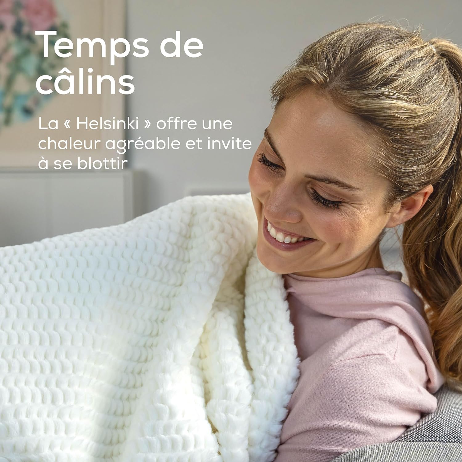 Helsinki Couverture chauffante, Couverture chauffante Douillette en matériau Luxueux avec 6 Niveaux de température, avec arrêt Automatique et système de sécurité, Lavable en Machine à 30 °C 180 x 130 cm Blanc