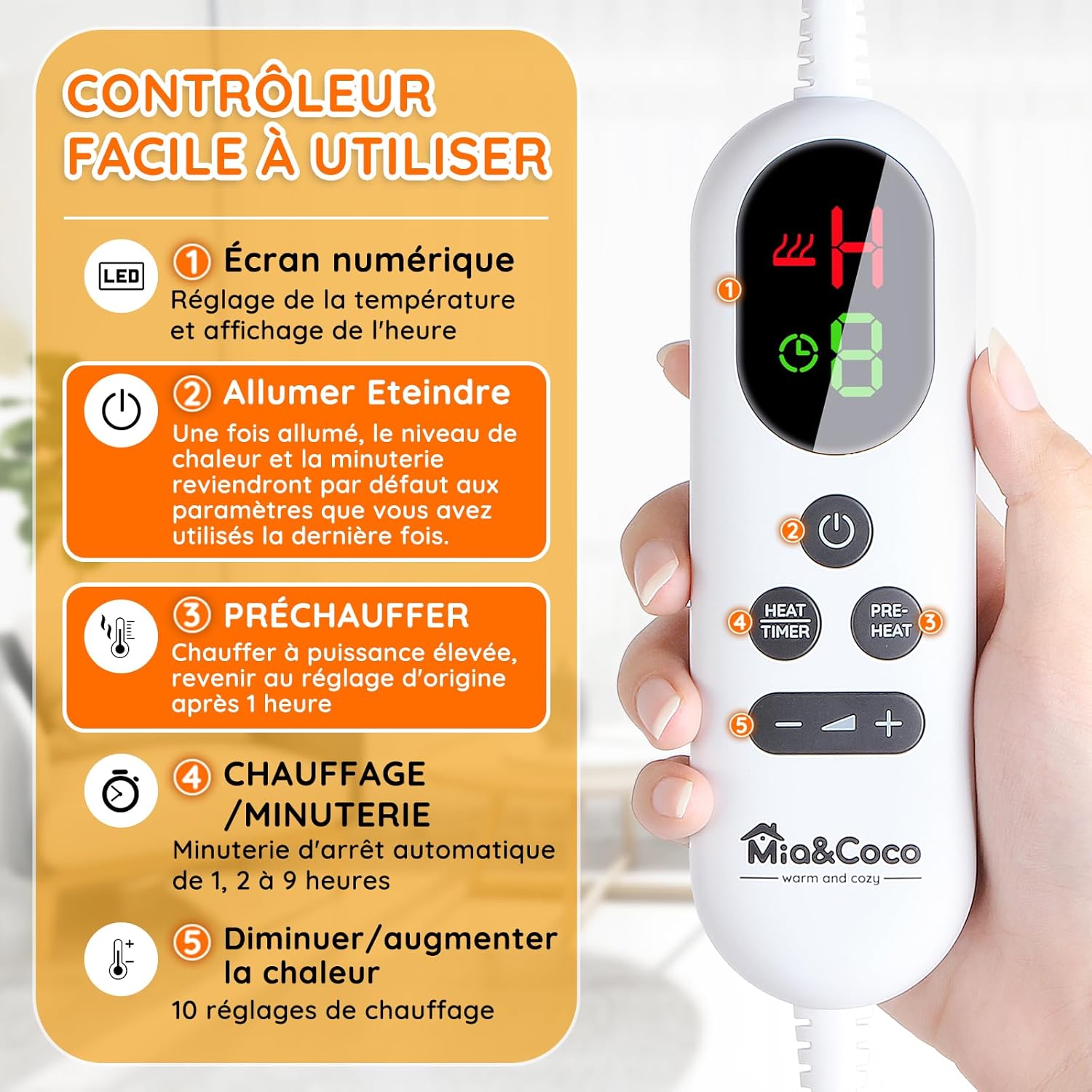 Couverture électrique chauffante, avec arrêt Automatique, 10 Niveaux de Chauffage Jusqu’à 9 Heures, Protection Contre la surchauffe, certifiée ETL, pour lit, en Flanelle, Chauffage Rapide Confort Gris