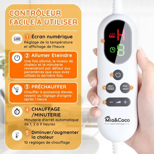 Couverture électrique chauffante, avec arrêt Automatique, 10 Niveaux de Chauffage Jusqu’à 9 Heures, Protection Contre la surchauffe, certifiée ETL, pour lit, en Flanelle, Chauffage Rapide Confort Gris