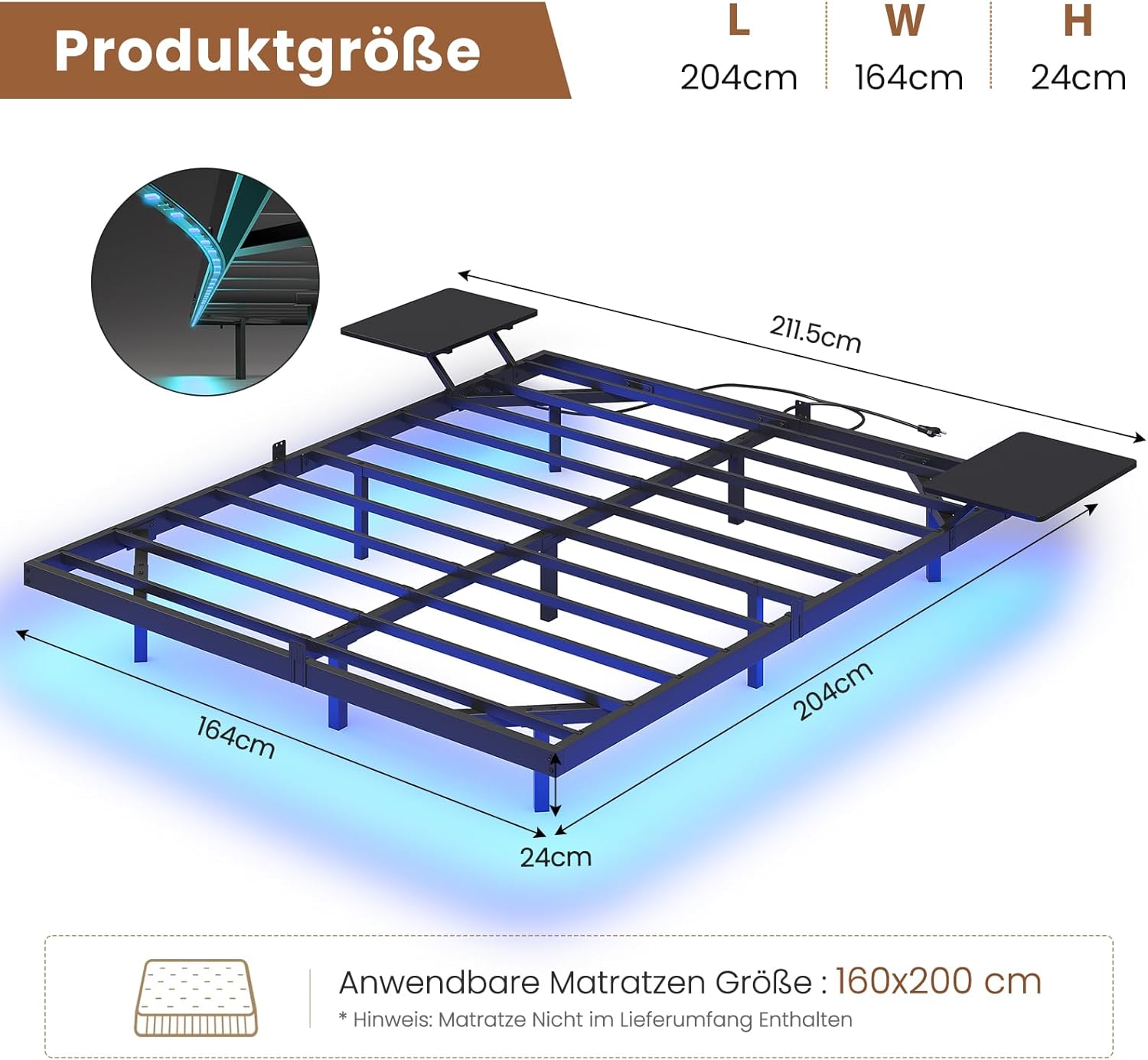 Lit 2 Personnes avec 2 Étagères de Chevet,Cadre de Lit avec 160 x 200 avec Sommier Métal,Multiprise et Éclairage LED, 24 CM de Rangement pour Chambre, Noir 160x200cm Noir
