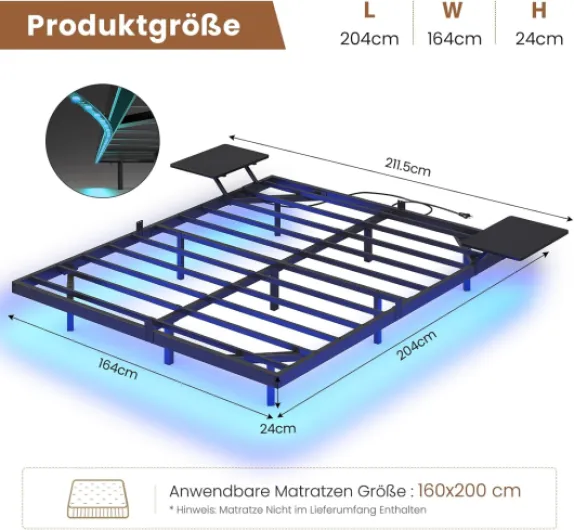 Lit 2 Personnes avec 2 Étagères de Chevet,Cadre de Lit avec 160 x 200 avec Sommier Métal,Multiprise et Éclairage LED, 24 CM de Rangement pour Chambre, Noir 160x200cm Noir