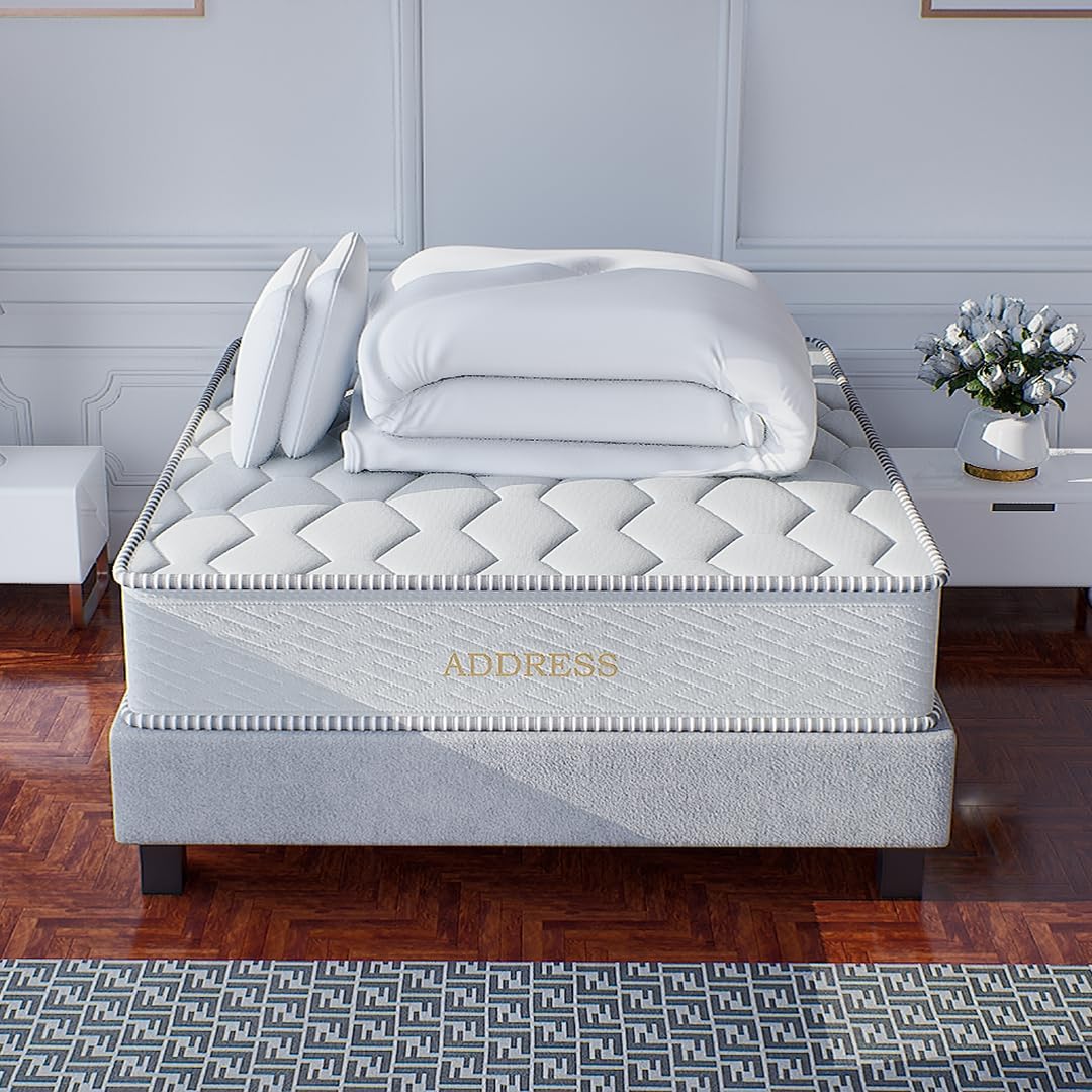 Pack Prêt à Dormir Marylebone : Matelas + Sommier 140x190 cm + Couette + 2 Oreillers - Mousse à Mémoire de Forme Haute Densité - 10 Zones de Confort - Réversible - Tissu Doux