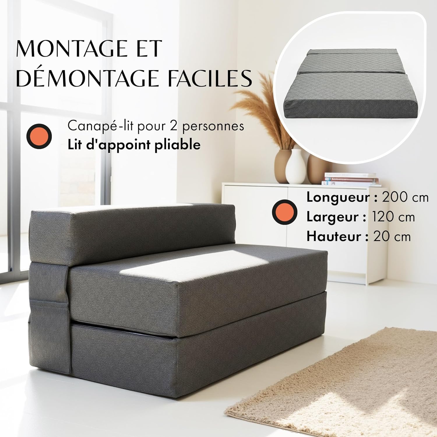 Chauffeuse 2 Places Convertible – Matelas Pliable 120x200 pour Invités ou Adulte – Canapé en Mousse Confortable et Compact – Idéal pour Chambre, Salon, Voyage, Lit d’Appoint ou Matelas de Sol Pliant Gris Foncé 120 x 200 cm