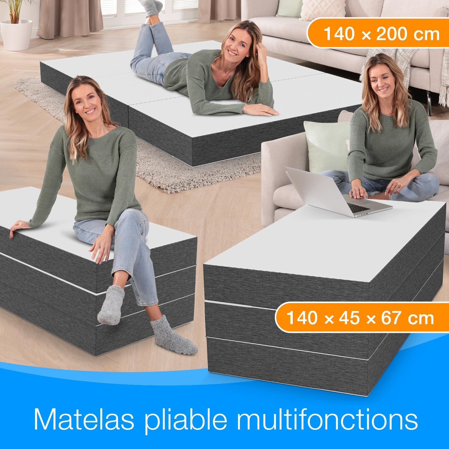 ELONEO Matelas Pliable 2 Personnes, Matelas Mousse Premium Visco, 140x200 cm, Épaisseur : 15 cm, Lit de Voyage Enfant et Adulte, Lit d’appoint pour Adulte et Enfant, Housse Lavable 140 x 200 x 15 cm Gris/Blanc