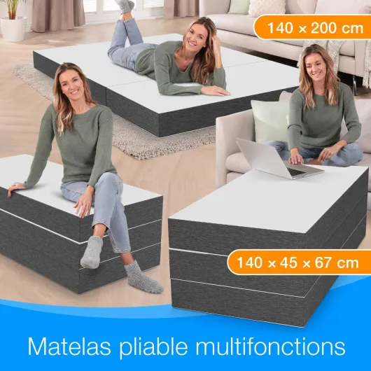 ELONEO Matelas Pliable 2 Personnes, Matelas Mousse Premium Visco, 140x200 cm, Épaisseur : 15 cm, Lit de Voyage Enfant et Adulte, Lit d’appoint pour Adulte et Enfant, Housse Lavable 140 x 200 x 15 cm Gris/Blanc