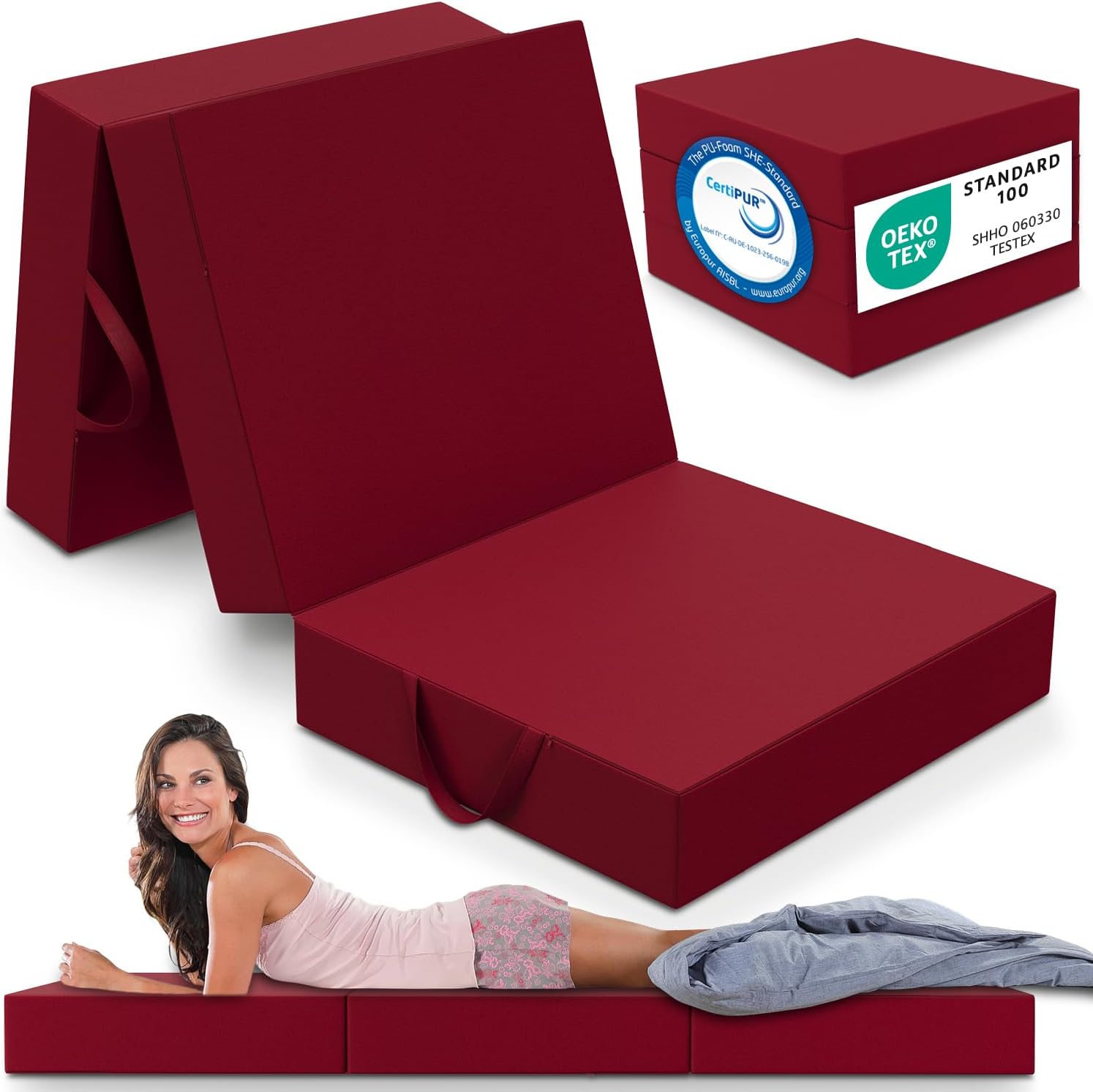 MaxVitalis Matelas Pliant, Matelas d'Appoint Pliable en 3 Parties, Mousse Extra Épaisse (15 cm), Lavable, Cube Intervertébral, Matelas Pliable, pour Adulte, 1 Personne (Rouge, 90 x 200 x 15 cm) 90 x 200 x 15 cm Rouge
