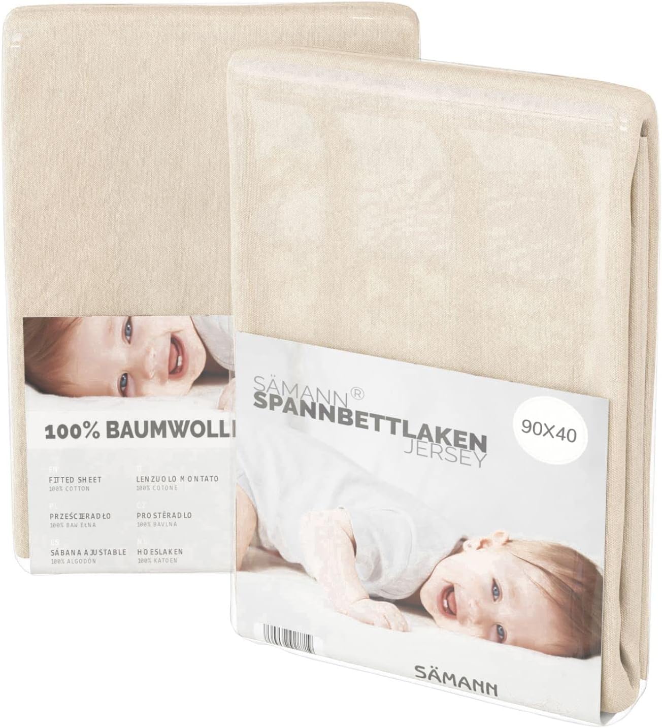 Sämann® Drap-housse en jersey 90 x 40 cm pour lit d'appoint, berceau et berceau, coton naturel 90x40 cm Naturel