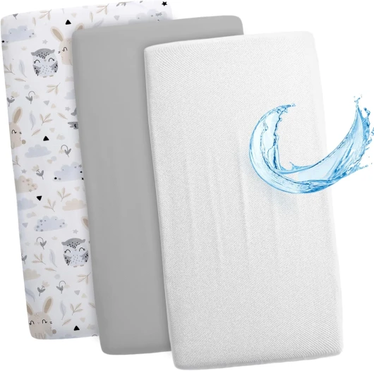 Drap-housse pour landau et berceau pour lit de bébé Lot de 3 : 83 x 50 cm - 2x housse avec 1x protège-matelas imperméable - housse de matelas drap-housse Hiboux gris Lot de 3 : 83 x 50 cm Hiboux Gris
