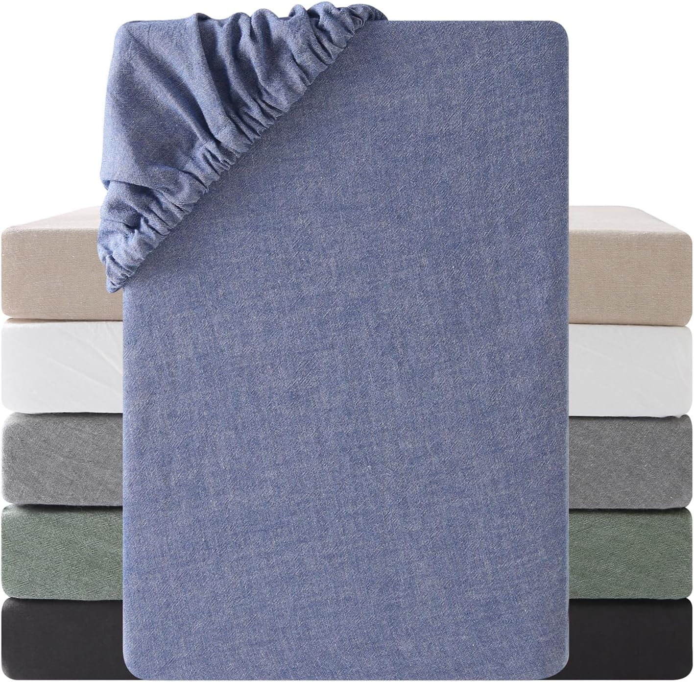 Drap Housse 140x190 cm,100% Coton Lavé,avec Poches élastiques de 30 cm Confortable Respirant avec Un Toucher Lin, Certifié Oeko-Tex,Bleu Denim Bleu Denim 140x190x30cm