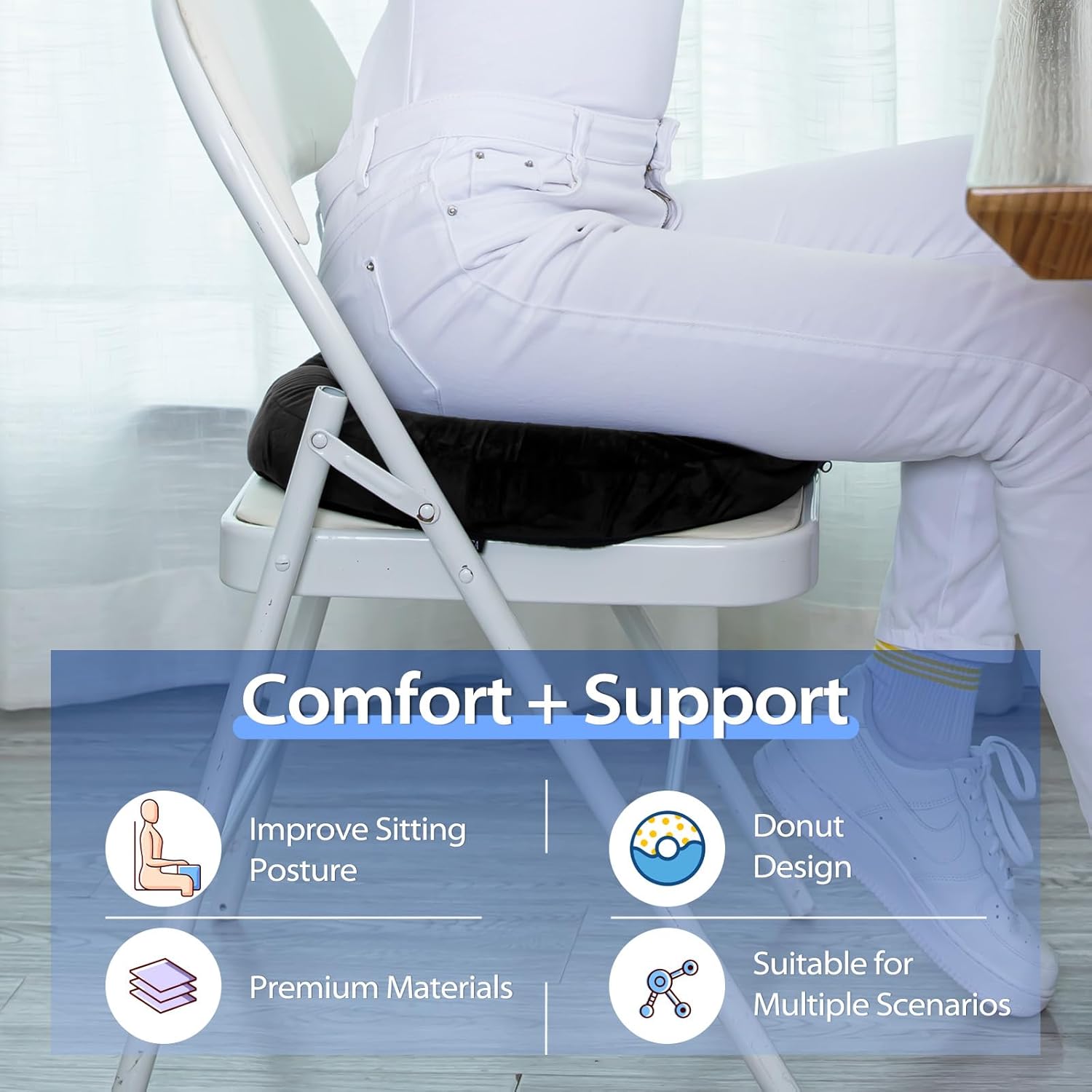 Donut Cushion Memory Foam pour Le Soulagement des Hémorroïdes, Coussin Coccyx pour Fauteuil Roulant Siège de Voiture Bureau Extérieur Bleu Foncé