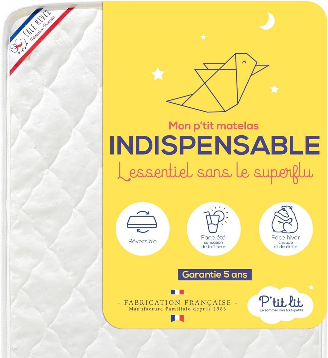 P'tit Lit - Polyuréthane Matelas Bébé Indispensable - 60x120 cm - Climatisé : 1 face Été / 1 face Hiver - Oeko Tex - Fabrication Française, Blanc 60x120 cm (Lot de 1) Unique