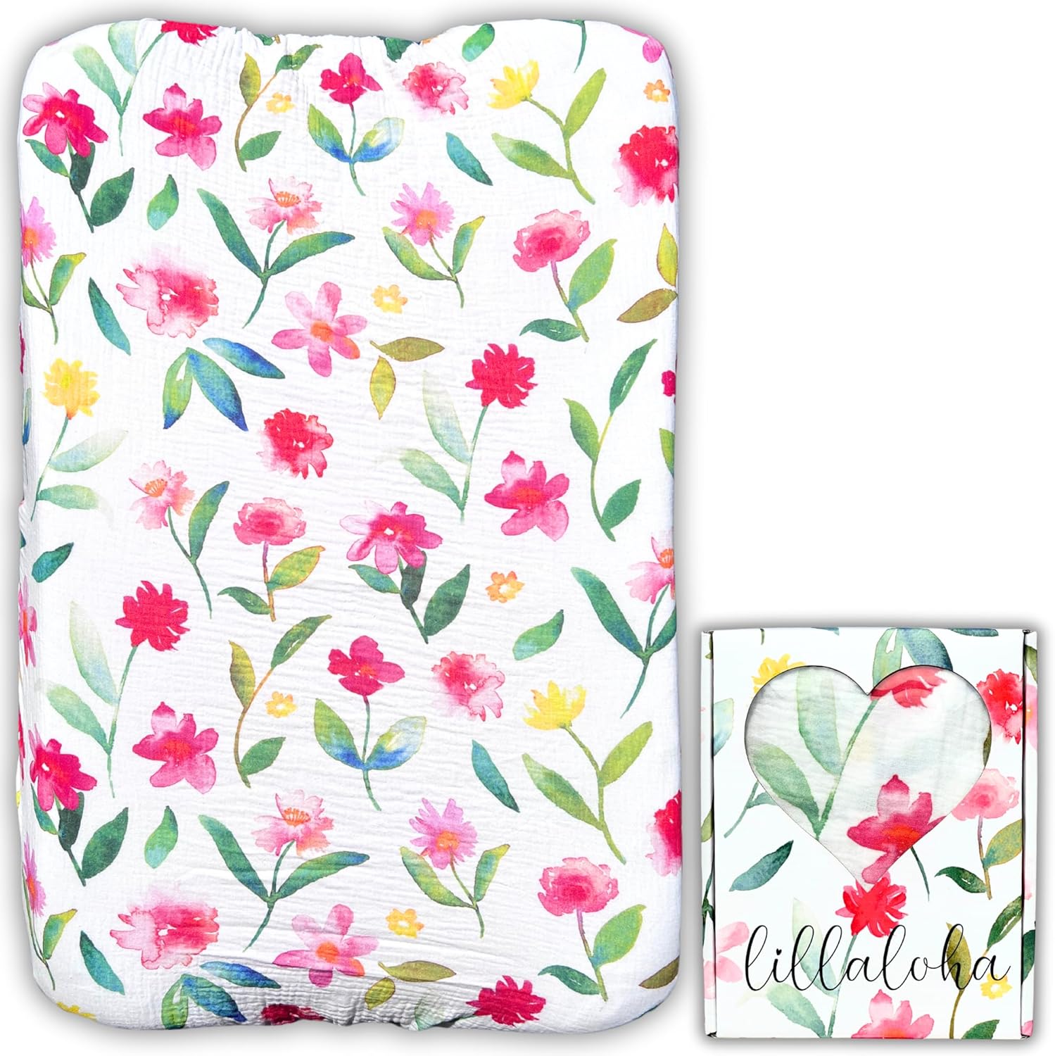 Housse de Matelas à Langer 50x70cm Extensible - 100% Gaze de Coton Bio GOTS, Ultra Doux, Respirant, Idéal pour Peaux Sensibles – Motif Fleurs Aquarelle, Design Français - Drap de Change Bébé Fleurs de Pivoine