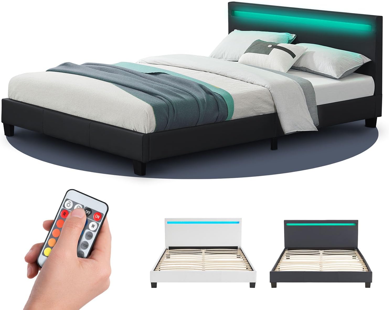Lit rembourré Paris 140x200 cm - Cadre de lit avec éclairage LED, sommier à Lattes et tête de lit, Simili Cuir, lit pour Adulte et ado - 1 Personne - Noir 140x200cm Noir