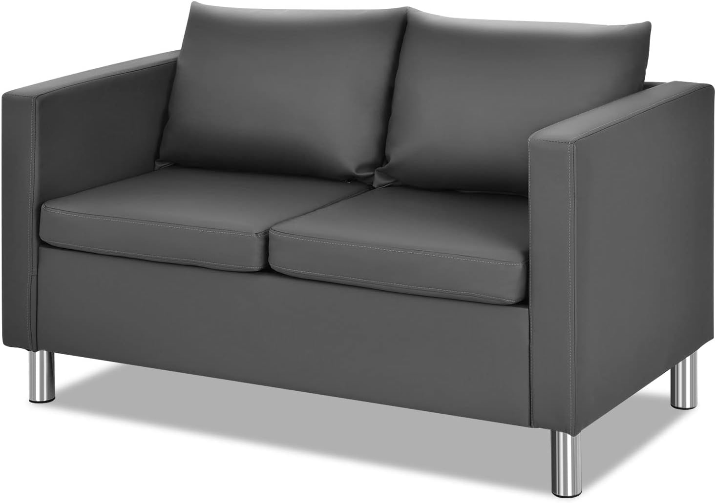 Canapé 2 Places Simili-Cuir avec Pieds en Métal, Fauteuil Salon Double Domestique avec Matelas Élastique, 2 Coussins Doux, Style Moderne,120 x 60 x 62,5 cm, Gris Foncé