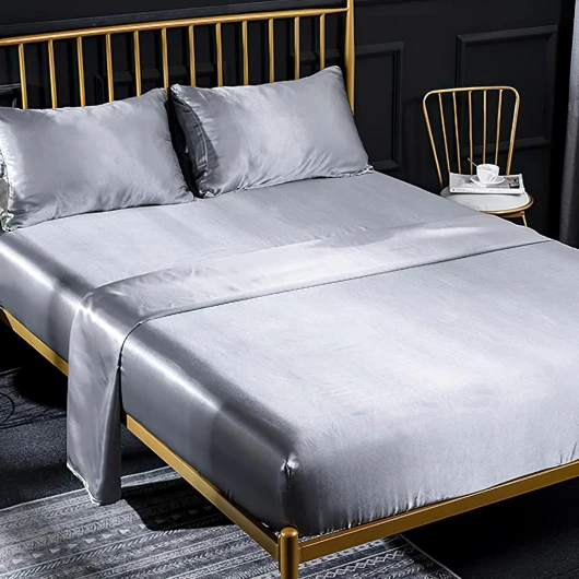 Jemiipee Ensemble 4 Pièces de Draps de Lit en Satin Couleur Unie 1 x Drap Housse 180x200 cm 2 Personnes avec Grand Bonnet de 35 cm, 1 x Drap Plat et 2 x Taie d'oreiller, Argent 180 x 200 x 35 cm Argent
