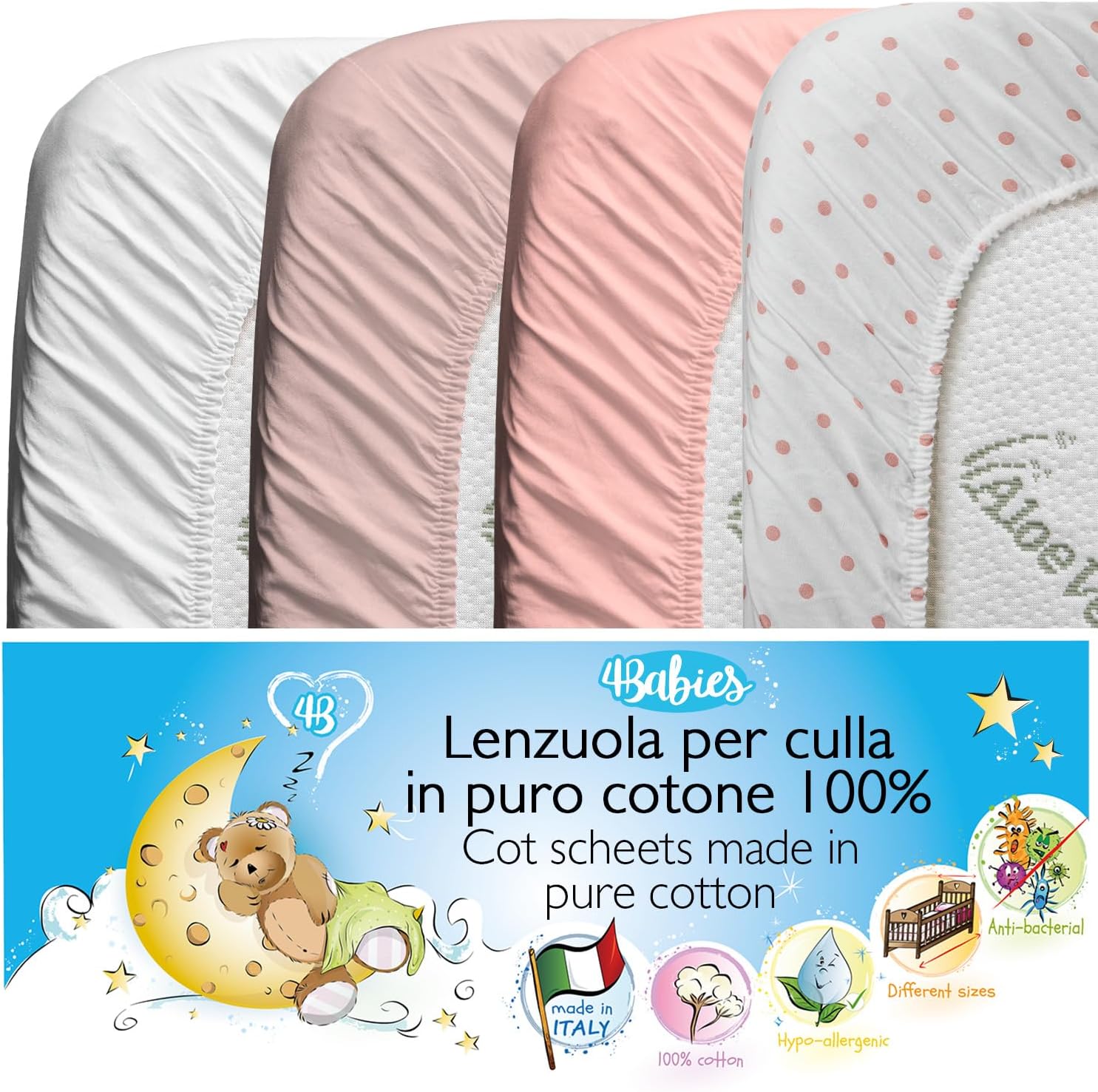 4BABIES - Lot de 4 Drap Housse 60x120 - Pois Praline, Rose Praline, Rose sépia et Blanc Pois Praline, Rose Praline, Rose Sépia et Blanc 60x120 cm ( Lot de 4 )