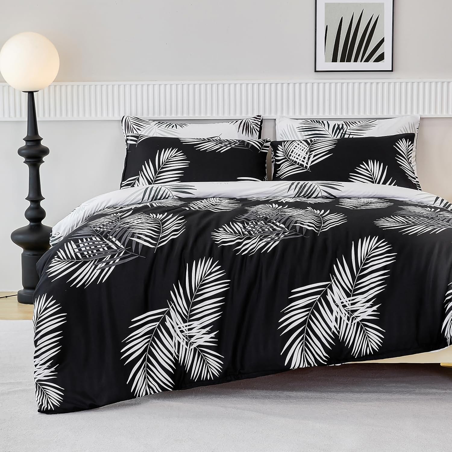 Parure de Lit Réversible avec Motif à Feuilles de Palmier Housse de Couette 200x200 cm 2 Personnes et 2 x Taies d'oreiller 65x65 cm Linge de Lit Moderne Adulte avec Fermeture Eclair, Noir 200x200+2*65x65 Noir Blanc (Réversible)