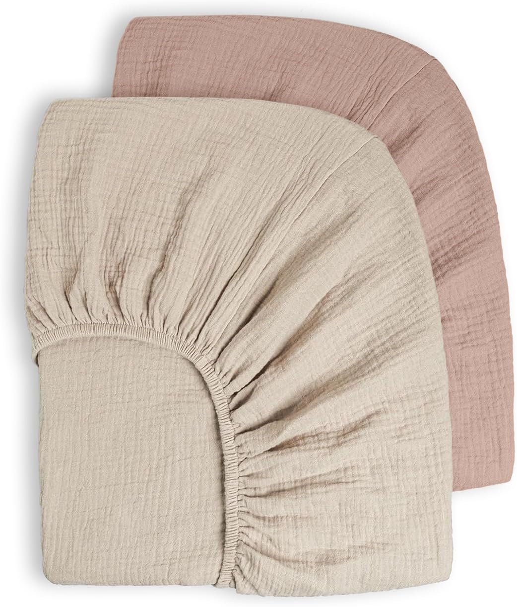 Bearmoss Lot de 2 draps-Housses en Mousseline de Coton pour Enfant 60 x 120 cm / 70 x 140 cm 100% Coton pour lit de Voyage, lit d'appoint (Beige Sand)