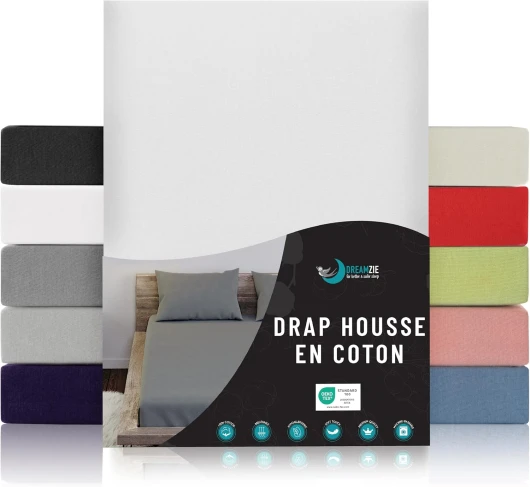 Drap Housse 120x200 - Blanc - 100% Jersey Coton Certifié Oeko Tex -Drap Housse 120x200 Coton 120 x 200 cm Blanc