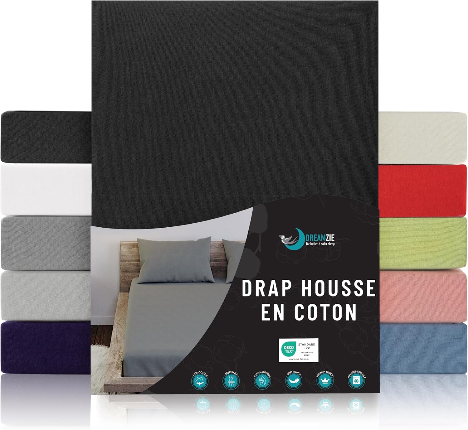 Drap Housse 140x190/200 - Noir - 100% Jersey Coton Certifié Oeko Tex - Drap-Housse 140x190/200 140 x 190/200 cm Noir