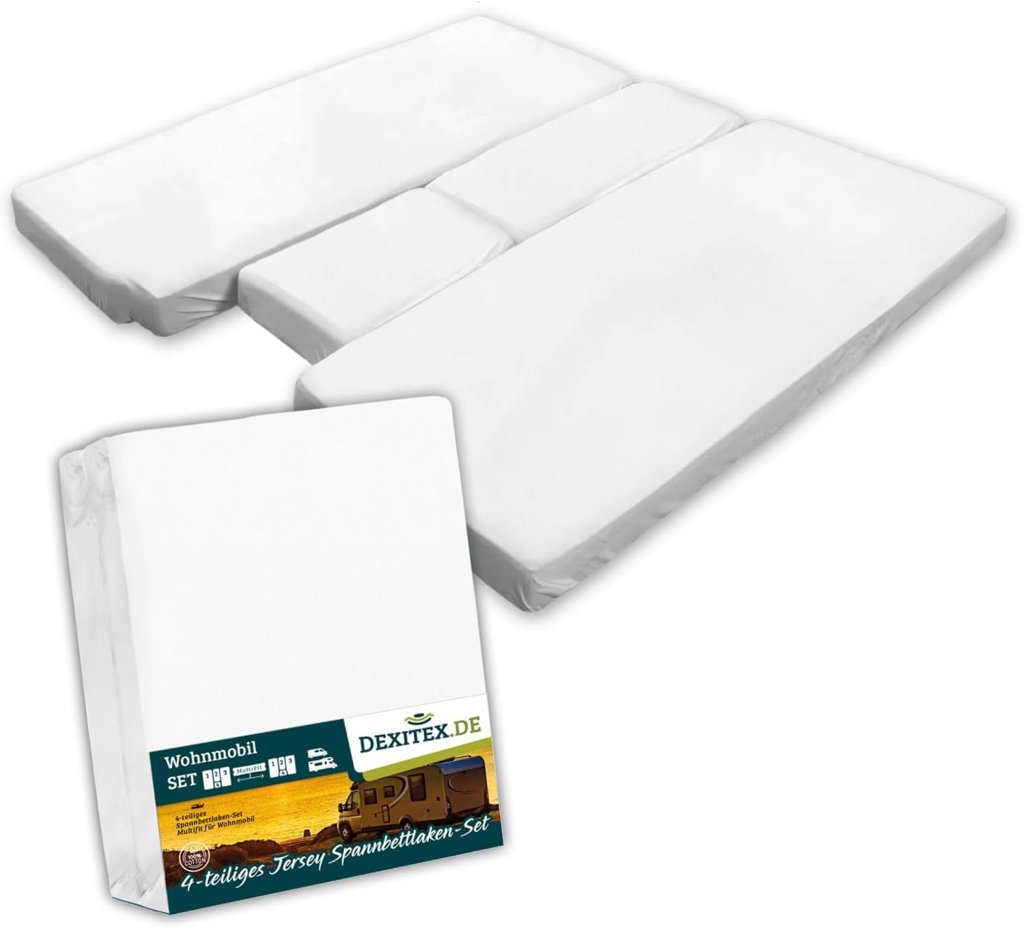 Dexitex - Drap Housse Campeur/Camping Car pour Lit 4 pièces- Caravane Matelas - Lit Caravane - Lit Camping Car - Oeko-Tex - 100% Coton - Blanc