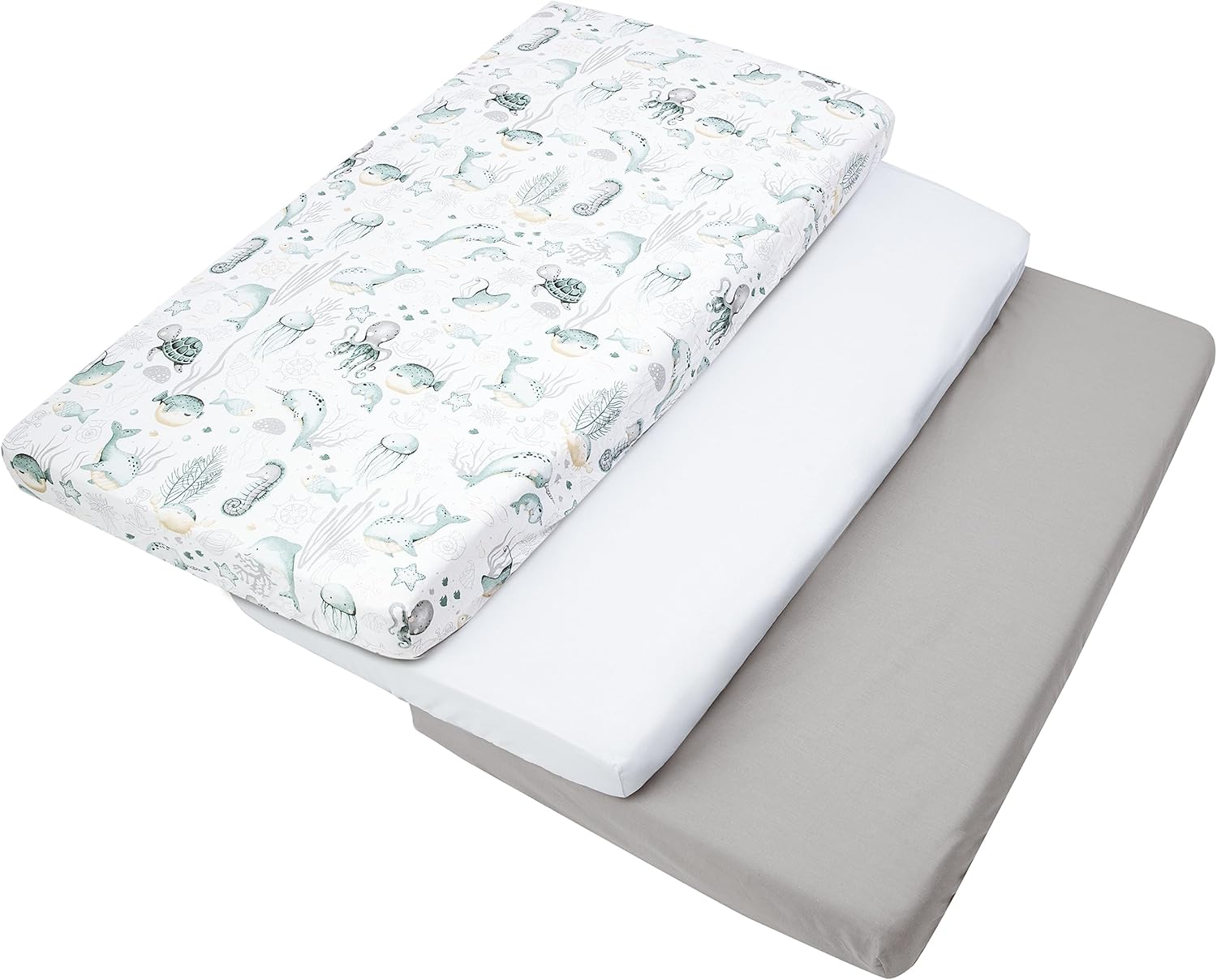 3pcs Ensemble Drap Housse pour Un lit bébé 60x120 cm 100% Coton literie bébé Matelas Enfant Sac de Couchage lit bébé Océan-blanc-gris Pack de trois