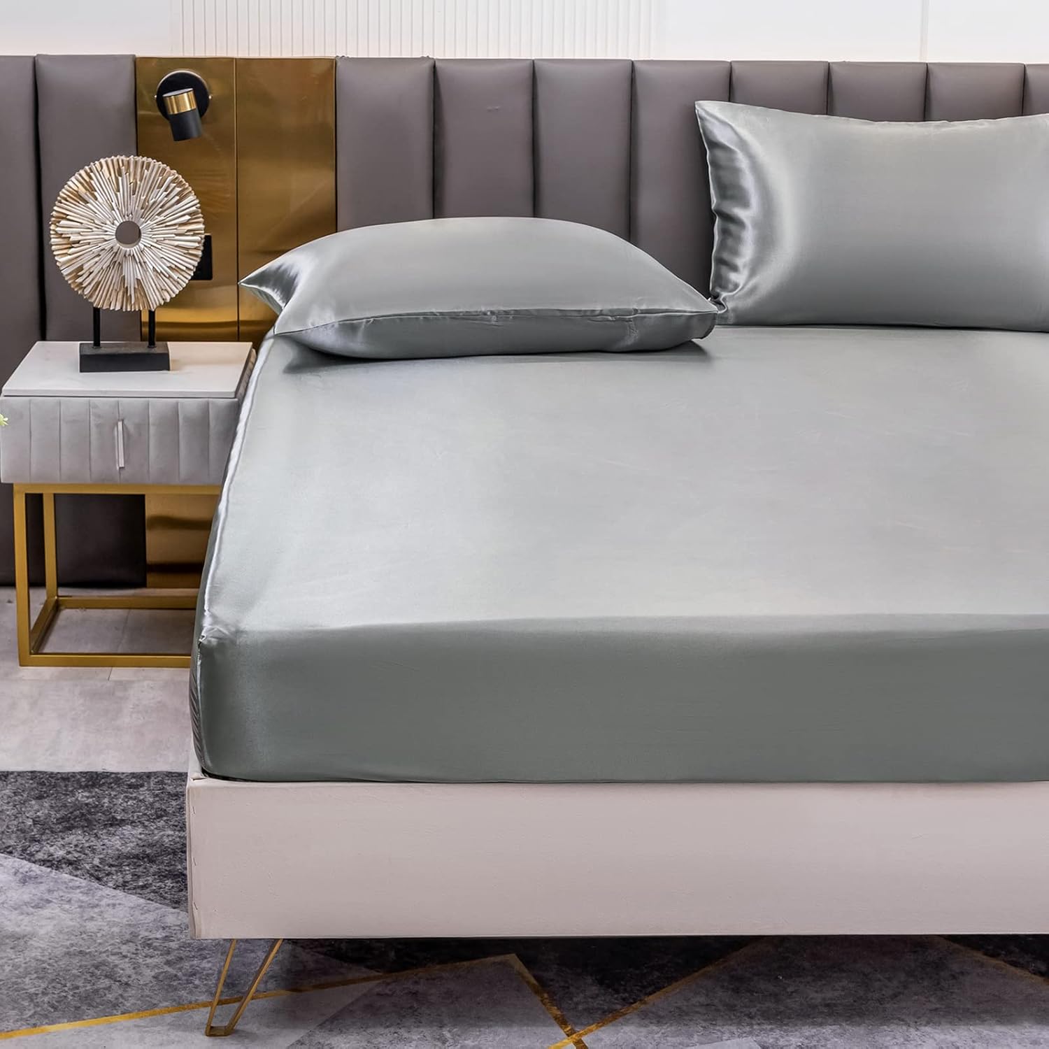 Drap Housse Satin 140x200 cm 2 Personnes avec Grand Bonnet de 30 cm pour Matelas Épais - Drap-Housse Douce en Satin de Soie Polyester Couleur Unie, Gris Foncé 140 x 200 x 30 cm Gris Foncé