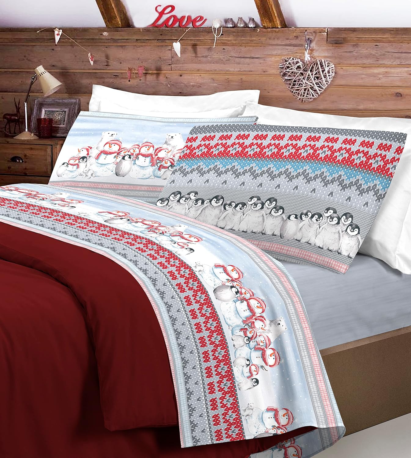 Parure Drap Flanelle 2 Personnes Made in Italy - Linge de lit Flanelle avec Drap Plat 2 Personne Coton, Drap Housse Flanelle 180x200 avec Coins, 2 Taie Oreiller - Fantaisie d'hiver - Rouge Parure 180X200 Fantaisie D'hiver - Rouge