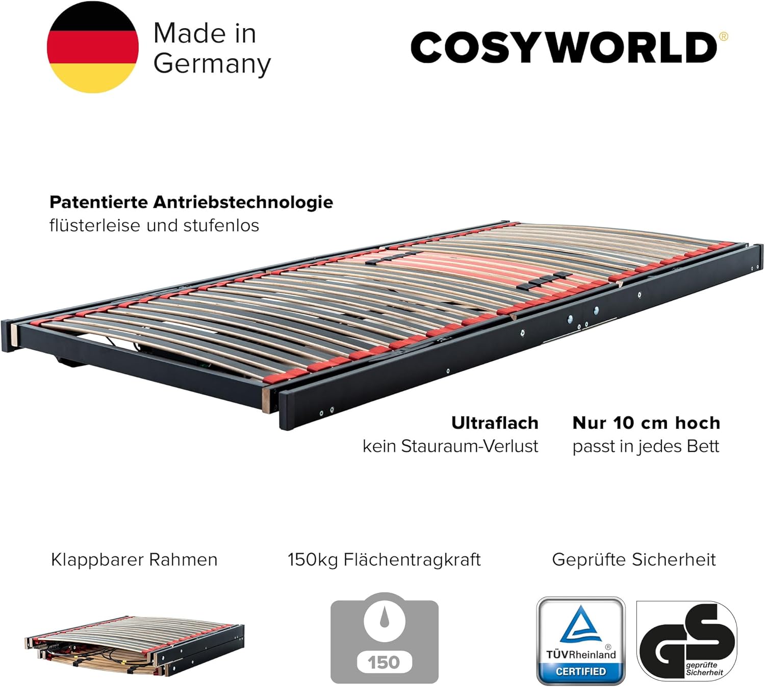COSY2GO Sommier à Lattes 80x200 cm réglable électriquement - Cosy2Go 2M - adapté à Chaque lit - également à Tous Les sommier tapissier - 160x200 cm - Ultra-Plat, Pliable, adapté à Tous Les Matelas