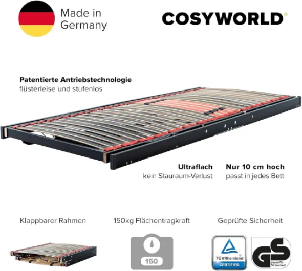 COSY2GO Sommier à Lattes 80x200 cm réglable électriquement - Cosy2Go 2M - adapté à Chaque lit - également à Tous Les sommier tapissier - 160x200 cm - Ultra-Plat, Pliable, adapté à Tous Les Matelas